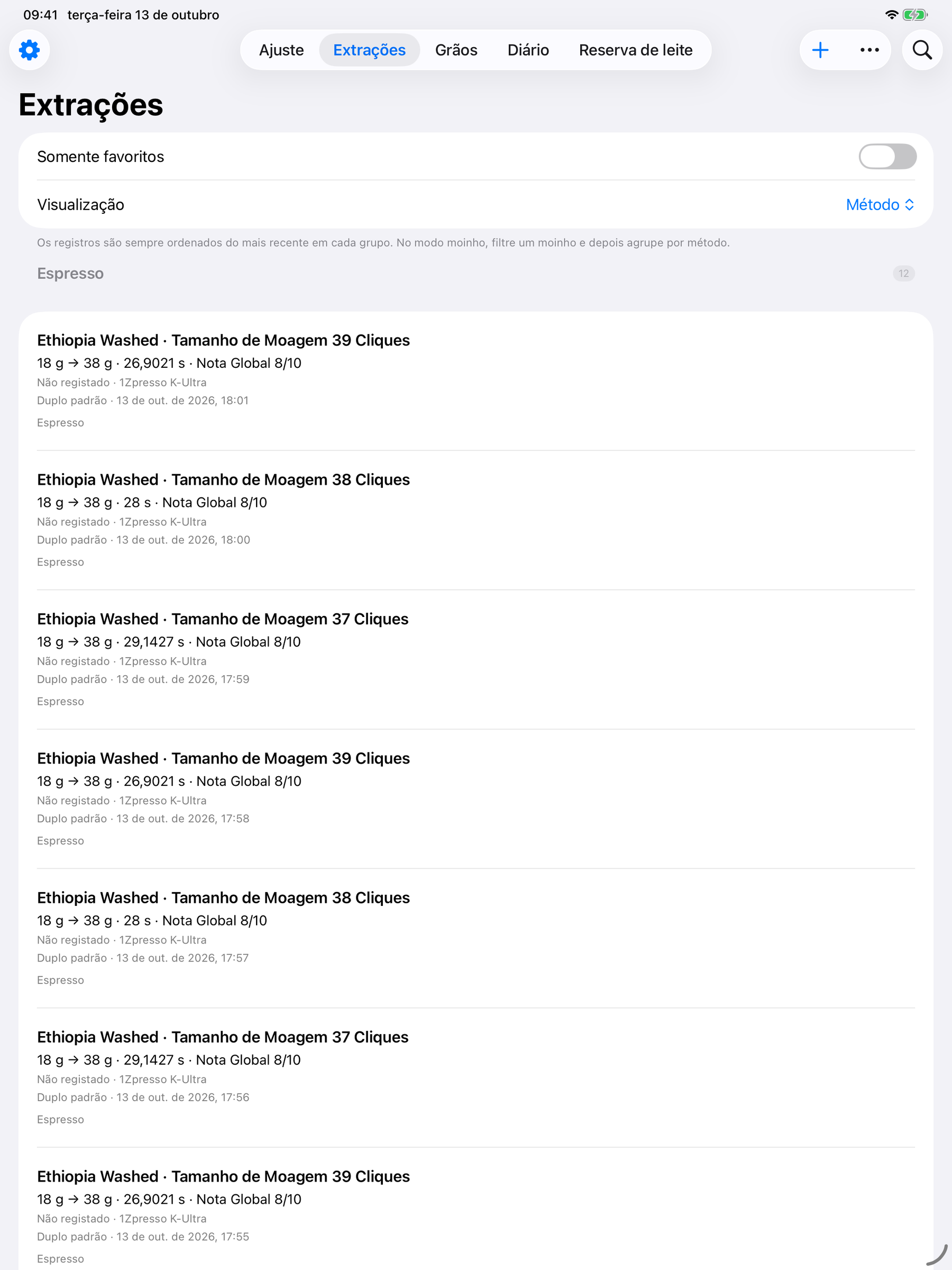 YanMore Grind — Histórico de preparações no iPad