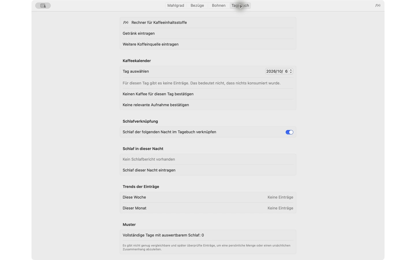 YanMore Grind — Kaffeetagebuch auf dem Mac
