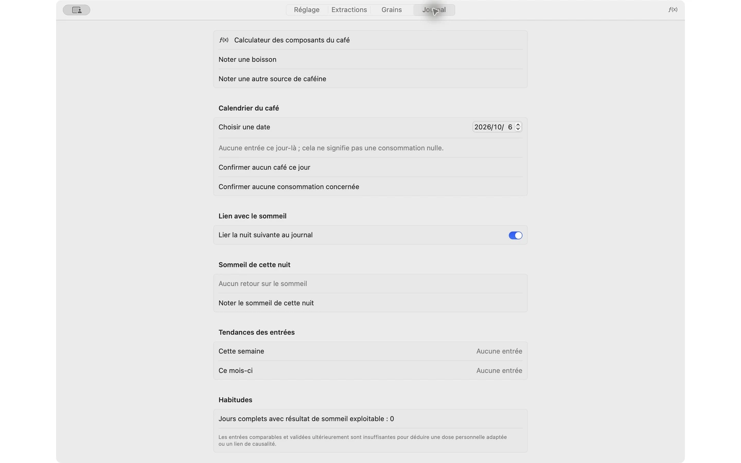 YanMore Grind — Journal café sur Mac