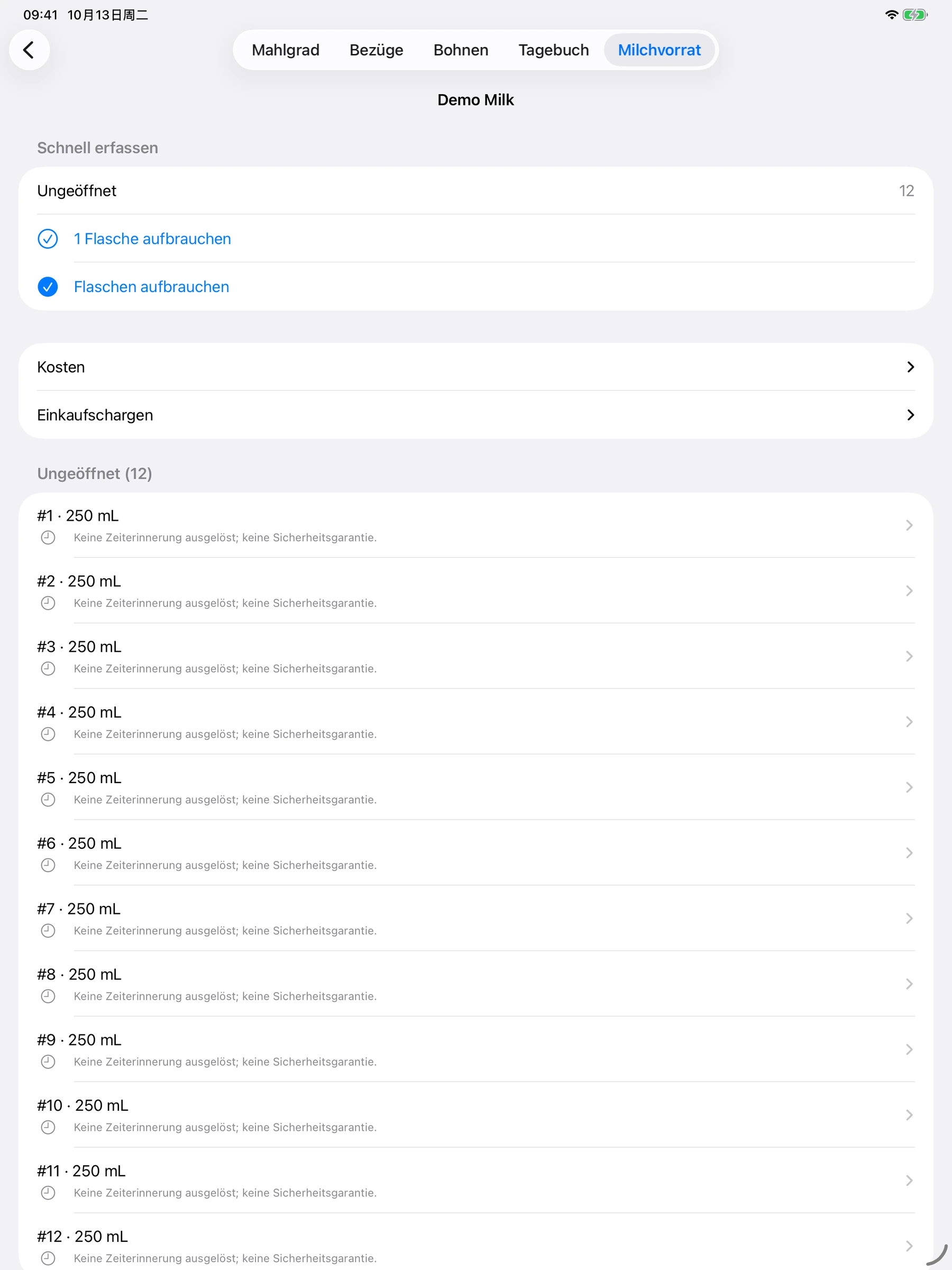 YanMore Grind — Milchvorrat auf dem iPad