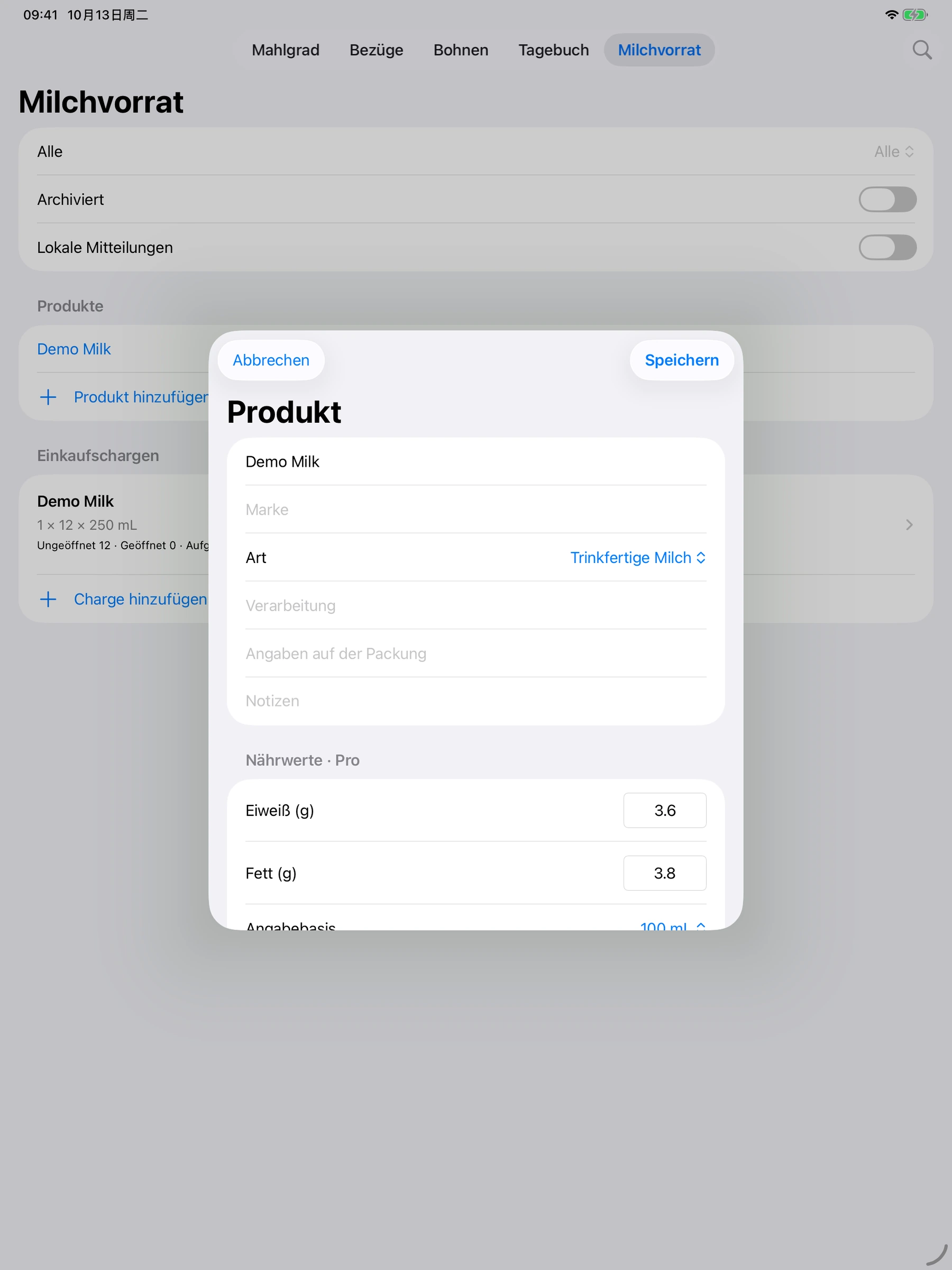 YanMore Grind — Nährwertangaben auf dem iPad
