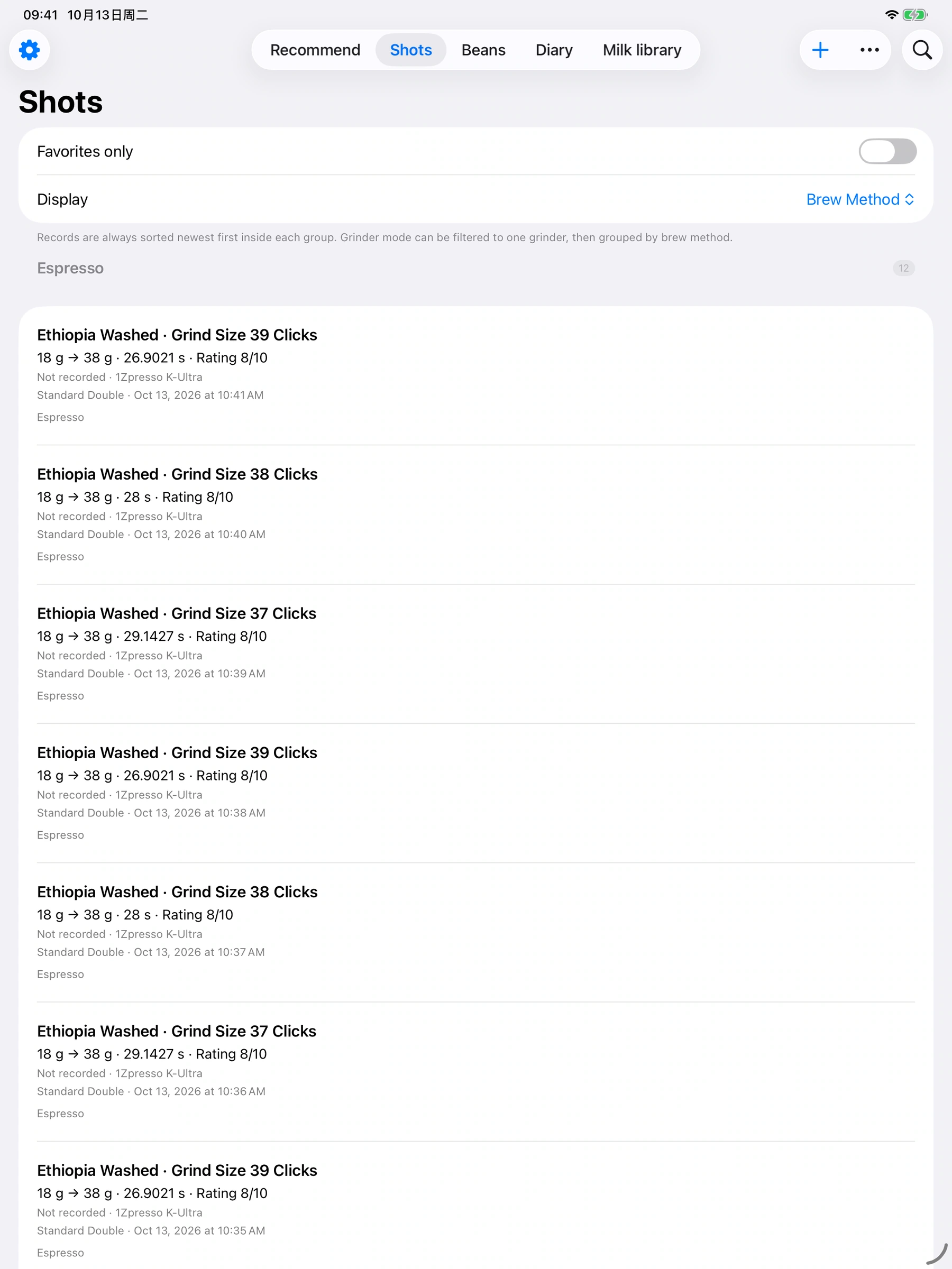 YanMore Grind — iPad brew history