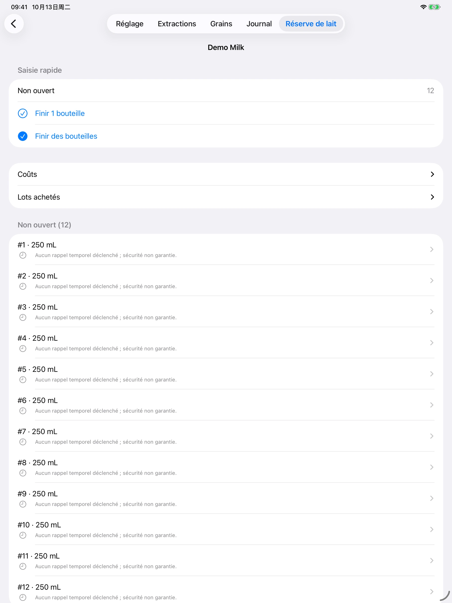 YanMore Grind — Stock de lait sur iPad