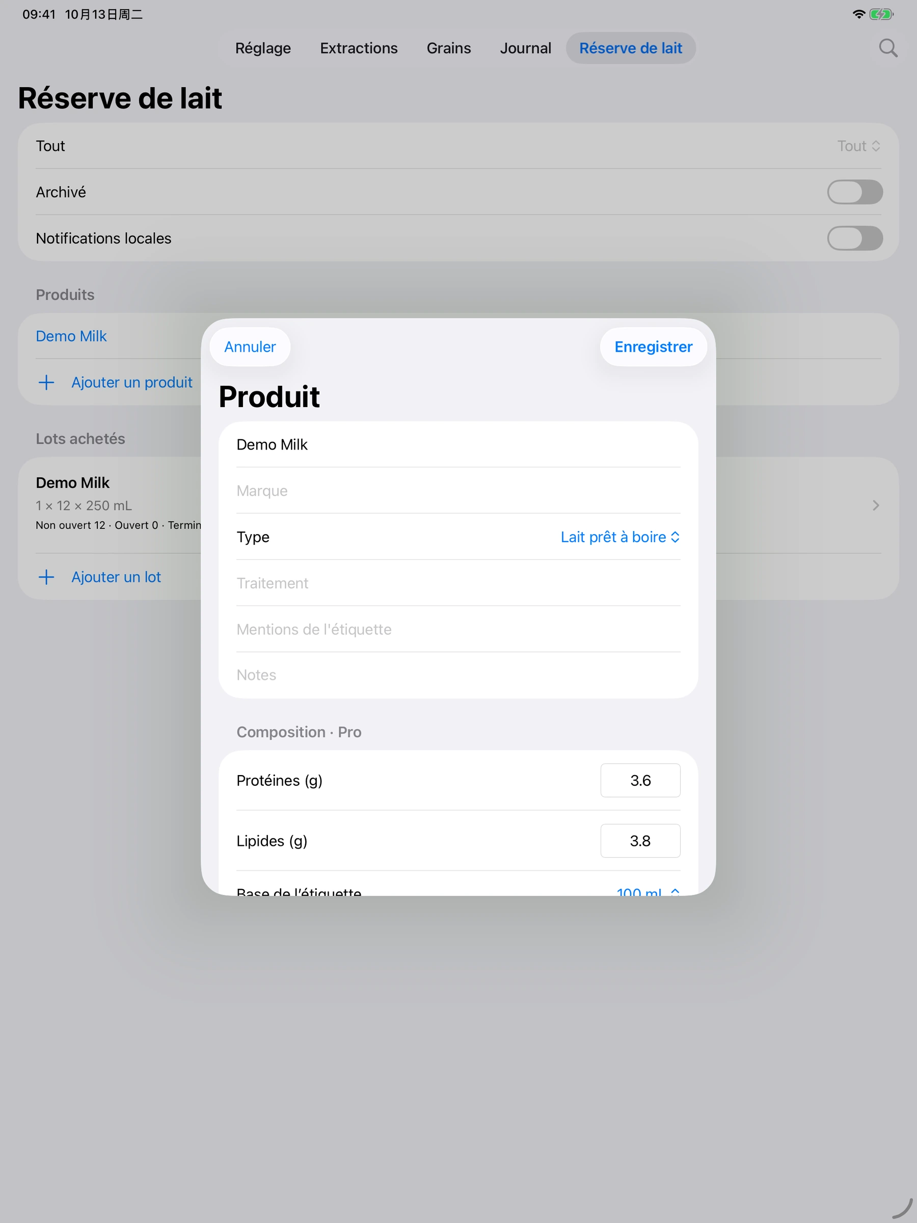 YanMore Grind — Informations nutritionnelles sur iPad